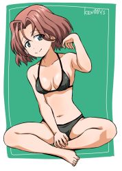 Rule 34 | 1girl, artist name, azumi (girls und panzer), bikini, blush, breasts, brown hair, closed mouth, collarbone, female focus, girls und panzer, green background, green bikini, green eyes, groin, looking at viewer, medium breasts, navel, ponzu rui, shiny clothes, shiny skin, short hair, simple background, sitting, smile, solo, swimsuit