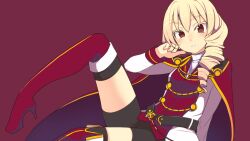 Rule 34 | 1girl, bike shorts, blonde hair, boots, brown eyes, cape, drill hair, erika wagner, highres, long hair, looking at viewer, red background, riku ozawa, simple background, solo, thighhighs, twin drills, twintails, under night in-birth, under night in-birth exe:late[st]