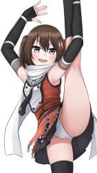 Rule 34 | 1girl, armpits, arms up, bad id, bad twitter id, black gloves, black skirt, black thighhighs, blush, brown eyes, brown hair, commentary request, cowboy shot, elbow gloves, fingerless gloves, flexible, gloves, gluteal fold, hair ornament, highres, kantai collection, leg lift, leg up, looking at viewer, no shoes, open mouth, panties, scarf, school uniform, sendai (kancolle), sendai kai ni (kancolle), serafuku, skirt, smile, solo, split, standing, standing on one leg, standing split, stretching, thighhighs, thighs, tiemu (man190), underwear, white panties, white scarf