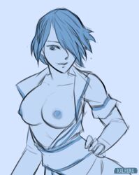 Rule 34 | 1girl, blue hair, breasts, breasts out, fire emblem, fire emblem: path of radiance, fire emblem: radiant dawn, hair over one eye, highres, jacket, kalruna, lucia (fire emblem), medium breasts, nintendo, nipples, open clothes, open jacket, short hair, solo