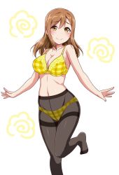 Rule 34 | 1girl, black pantyhose, blush, bra, breasts, brown eyes, brown hair, cleavage, commentary request, crotch seam, highres, kunikida hanamaru, light brown hair, long hair, looking at viewer, love live!, love live! sunshine!!, navel, outstretched arms, panties, panties under pantyhose, pantyhose, plaid, plaid bra, plaid panties, smile, solo, spread arms, standing, standing on one leg, thighband pantyhose, underwear, underwear only, white background, yellow bra, yellow panties, yopparai oni
