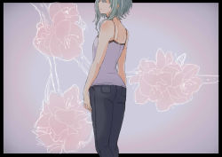 Rule 34 | 1girl, absurdres, arms at sides, ass, bad id, bad pixiv id, black border, black pants, border, camisole, flat ass, floral background, frown, green hair, grey camisole, gumi, highres, kino (m6t2a), muted color, no eyes, pants, short hair with long locks, solo, vocaloid