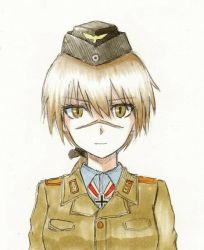 Rule 34 | 1girl, bad id, bad pixiv id, blonde hair, cross, garrison cap, green eyes, hanna rudel, hat, iron cross, long hair, military, military uniform, ponytail, scar, shiratama (hockey), shirodama, smile, solo, strike witches, strike witches: suomus misfits squadron, uniform, world witches series