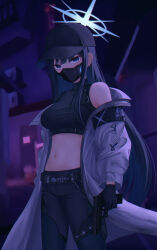 Rule 34 | 1girl, absurdres, bare shoulders, baseball cap, belt, black belt, black gloves, black hat, black pants, black shirt, blue archive, blue eyes, blue hair, breasts, coat, commentary, cowboy shot, crop top, dong hawn, gloves, gun, handgun, hat, highres, holding, holding gun, holding weapon, large breasts, leggings, long hair, looking at viewer, mask, midriff, mouth mask, navel, off shoulder, open clothes, open coat, pants, saori (blue archive), shirt, sleeveless, sleeveless shirt, solo, standing, stomach, very long hair, weapon, white coat