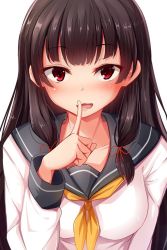 Rule 34 | 1girl, black hair, finger to mouth, hair ribbon, hand gesture, isokaze (kancolle), kantai collection, long hair, looking at viewer, neckerchief, nicoby, open mouth, red eyes, ribbon, school uniform, serafuku, shushing, simple background, white background