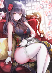 Rule 34 | 1girl, black hair, breasts, china dress, chinese clothes, cleavage, dress, flower, gloves, hair flower, hair ornament, long hair, mafuyu (kanden shoujyo), medium breasts, original, see-through, see-through cleavage, side slit, sitting, solo, thighhighs, white gloves, white thighhighs
