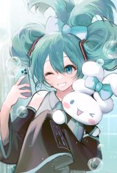 Rule 34 | 1girl, :d, absurdres, aqua hair, aqua nails, aqua vest, bathroom, black sleeves, blue bow, blue eyes, bow, bubble, cellphone, cinnamiku, cinnamoroll, collared shirt, crossover, grey shirt, grin, hair between eyes, hair bow, hair ornament, hatsune miku, headset, highres, holding, holding phone, indoors, iphone x, long sleeves, matching outfits, nail polish, nannaspad, one eye closed, open mouth, phone, sanrio, selfie, shirt, sleeves past wrists, smartphone, smile, tied ears, updo, upper body, vocaloid, wide sleeves