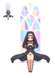 Rule 34 | 1girl, black dress, cleft of venus, cross, cross necklace, dress, female focus, habit, jewelry, necklace, no panties, nun, omunikin, original, own hands together, pixel art, pussy, solo, stained glass, standing, window