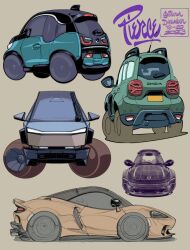 Rule 34 | artist name, bmw, bmw i3, brown background, commentary, dacia, dacia duster, dated, english commentary, flower, from side, highres, lotus (brand), lotus elan, mclaren, original, shadow, sports utility vehicle, tesla (company), tesla cybertruck, vehicle focus, vehicle request, will pierce