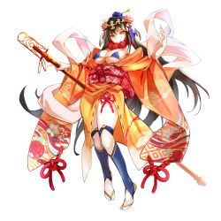 Rule 34 | 1girl, bikini, black hair, blue bikini, bow, breasts, closed mouth, faicha, fate/grand order, fate (series), flower, full body, hair flower, hair ornament, highres, holding, holding staff, japanese clothes, kimono, large breasts, long hair, looking at viewer, obi, orange kimono, red bow, red eyes, sash, simple background, smile, solo, staff, standing, swimsuit, white background, xuangzang sanzang (fate)