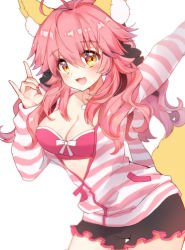 Rule 34 | 10s, 1girl, animal ears, blush, breasts, cleavage, fate/extra, fate/extra ccc, fate (series), fox ears, hood, hoodie, jewelry, large breasts, long hair, looking at viewer, nail polish, necklace, official alternate costume, open mouth, pingo, pink hair, red nails, smile, solo, striped clothes, striped hoodie, tamamo no mae (fate/extra), tamamo no mae (spring casual) (fate), yellow eyes
