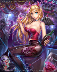 Rule 34 | 1girl, alcohol, animal ears, bar (place), bar stool, bare shoulders, blonde hair, blue eyes, bottle, bow, brain, breasts, bustier, cleavage, collar, costume, counter, cup, demon wings, drinking glass, email address, facial mark, fake horns, furyou michi ~gang road~, halloween, hat, holding, holding bottle, hood, horns, jack-o&#039;-lantern, large breasts, leather, leather pants, lights, long hair, looking at viewer, mask, nail polish, official art, open mouth, pants, party, pink nails, polearm, pov, rabbit ears, shadowgrave, shiny clothes, skull, smile, solo focus, spiked collar, spikes, stool, trident, watermark, weapon, wine, wine bottle, wine glass, wings, witch hat