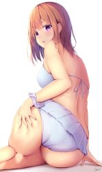 Rule 34 | 1girl, artist request, ass, ass grab, bare shoulders, barefoot, bikini, blush, breasts, brown hair, deep skin, frilled bikini, frills, from behind, hair ornament, hairclip, hand on own ass, highres, large breasts, looking at viewer, looking back, open mouth, original, purple eyes, scrunchie, shiny skin, short hair, sideboob, simple background, sitting, solo, swimsuit, thighs, white background, white bikini, wrist scrunchie