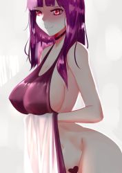 Rule 34 | 1girl, absurdres, asagami fujino, bad id, bad pixiv id, blush, bottomless, breasts, censored, choker, cleavage, fate/grand order, fate (series), heart, heart censor, highres, kara no kyoukai, large breasts, purple hair, red eyes, smile, solo, source request, towel, zaki (zaki btw)