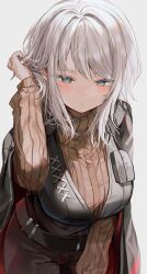 Rule 34 | 1girl, absurdres, belt, black belt, blue eyes, blush, breast pocket, breasts, brown pants, close-up, coat, commentary, cross-laced clothes, faust (project moon), grey coat, grey vest, hair intakes, hand in own hair, highres, large breasts, looking at viewer, medium hair, original, pants, parted lips, pocket, red coat, ribbed sweater, sidelocks, simple background, solo, sweater, swept bangs, symbol-only commentary, turtleneck, turtleneck sweater, two-sided coat, two-sided fabric, vest, white background, white hair, y o u k a, yellow sweater