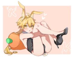 Rule 34 | 1boy, aether (genshin impact), alternate costume, alternate hairstyle, animal ear fluff, animal ears, arms up, bare shoulders, black dress, black footwear, blonde hair, blush, border, carrot-shaped pillow, crossdressing, detached collar, dress, genshin impact, hair between eyes, hands up, heart, legs up, leotard, long hair, looking to the side, lying, male focus, male playboy bunny, on back, open mouth, outside border, paaaao01, pillow, pink background, playboy bunny, rabbit ears, rabbit tail, shoes, simple background, sleeveless, sleeveless dress, solo, tail, white border, yellow eyes