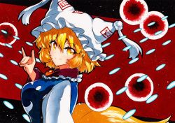 Rule 34 | 1girl, animal hat, bad id, bad twitter id, blonde hair, closed mouth, danmaku, dress, fox shadow puppet, from side, hair between eyes, hat, long sleeves, looking at viewer, mob cap, qqqrinkappp, red background, short hair, smile, solo, tabard, touhou, traditional media, upper body, white dress, white hat, yakumo ran, yellow eyes
