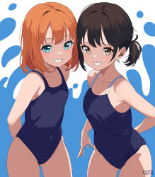 Rule 34 | 2girls, absurdres, aqua eyes, arm behind back, black hair, blue one-piece swimsuit, brown eyes, child, competition school swimsuit, covered navel, cowboy shot, flat chest, grin, highres, mototaku, multiple girls, new school swimsuit, one-piece swimsuit, orange hair, original, school swimsuit, short hair, smile, swimsuit, twintails