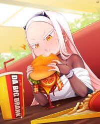 Rule 34 | 1girl, absurdres, arianna seya(born-to-die), bacon, black hairband, born-to-die, bracelet, bridal gauntlets, burger, cup, drinking straw, eating, fingernails, food, food on face, forehead, french fries, hairband, highres, holding, holding burger, holding food, jewelry, long hair, original, salad, sauce, sitting, solo, tomato, tomato slice, white hair, yellow eyes