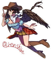 Rule 34 | 1girl, bandana, black hair, black wings, boots, breasts, brown footwear, brown hat, cleavage, commentary, cowboy hat, full body, hair between eyes, hat, high heel boots, high heels, highres, knee boots, kurokoma saki, long hair, medium breasts, multicolored clothes, one-hour drawing challenge, pegasus wings, ponytail, red eyes, renshirenji, simple background, solo, touhou, twitter username, white background, white bandana, wings