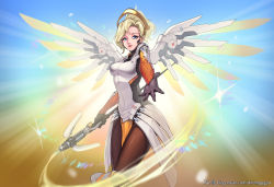 Rule 34 | 1girl, absurdres, bad id, bad pixiv id, blonde hair, blue background, blue eyes, bodysuit, breasts, cowboy shot, dduck kong, gloves, gradient background, halo, high ponytail, highres, holding, holding staff, large breasts, lips, looking at viewer, mechanical halo, mechanical wings, mercy (overwatch), nose, outstretched hand, overwatch, overwatch 1, pantyhose, parted lips, ponytail, solo, sparkle, spread wings, staff, swiss flag, watermark, web address, wings, yellow background, yellow wings