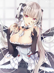 Rule 34 | 1girl, azur lane, bad id, bad pixiv id, bare shoulders, between breasts, black bow, black dress, black nails, blunt bangs, blurry, blurry background, bow, breasts, cherry, cleavage, collarbone, cream, cupcake, detached collar, dress, finger to mouth, flight deck, floating hair, food, formidable (azur lane), frilled dress, frills, fruit, grey hair, hair bow, hands up, head tilt, highres, holding, holding food, large breasts, licking, licking finger, long hair, long sleeves, looking at viewer, nail polish, red eyes, solo, tongue, tongue out, twintails, twitter username, upper body, very long hair, yu-ori