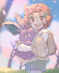 Rule 34 | 1girl, :d, ahoge, ao hito, backpack, bag, blossom (pokemon), blurry, blurry background, blush, commentary request, creatures (company), eyelashes, game freak, gen 1 pokemon, green shorts, hair ornament, hairclip, highres, holding, holding pokemon, hood, hoodie, long sleeves, looking at viewer, nidoran, nidoran (male), nintendo, open mouth, orange hair, pokemon, pokemon (anime), pokemon (creature), poketoon, short hair, shorts, smile, teeth, tongue, tree, upper teeth only, white hoodie, yellow bag