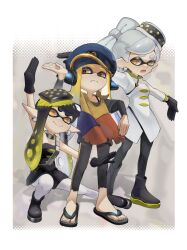 3girls agent_3_(splatoon_3) black_boots black_gloves black_hair boots brown_eyes callie_(splatoon) closed_mouth collarbone earrings gloves green_hair grey_hair highres jewelry long_hair long_sleeves looking_at_viewer lower_teeth_only marie_(splatoon) multicolored_hair multiple_girls nintendo okaranko open_mouth orange_hair pantyhose pointy_ears short_hair splatoon_(series) splatoon_3 standing teeth twintails white_pantyhose