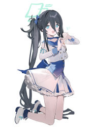 Rule 34 | absurdres, aris (blue archive), back bow, black hair, blue archive, blue bow, blue dress, blue eyes, blue sailor collar, bow, buttons, choker, detached sleeves, dress, flat chest, frilled skirt, frills, hair bow, halo, heart, highres, idol, jacket, kneeling, long hair, looking at viewer, mischievous straight uniform (blue archive), open mouth, sailor collar, sh (shinh), shoes, side ponytail, skirt, sleeveless, sleeveless jacket, smile, solo, very long hair, white background, white footwear, white jacket, white skirt, wrist cuffs