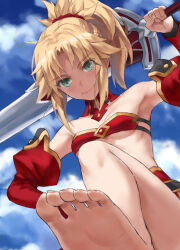 Rule 34 | 1girl, bandeau, bare shoulders, barefoot, blonde hair, blue sky, braid, breasts, clarent (fate), detached collar, detached sleeves, fate/apocrypha, fate/grand order, fate (series), feet, french braid, green eyes, highres, long hair, looking at viewer, mordred (fate), mordred (fate/apocrypha), parted bangs, ponytail, sidelocks, sky, small breasts, smile, soles, solo, sword, toes, tonee, weapon