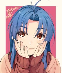 Rule 34 | 1girl, ahoge, bad id, bad twitter id, blue hair, blush, brown eyes, chidori kaname, closed mouth, commentary, dated, eyelashes, full metal panic!, hands on own cheeks, hands on own face, lips, long hair, looking at viewer, nakagomiyuki415, parted bangs, pink background, portrait, red sweater, signature, simple background, sleeves past wrists, smile, solo, sweater, symbol-only commentary