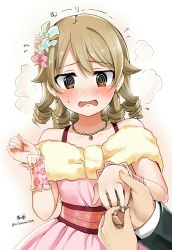 Rule 34 | 1boy, 1girl, @ @, artist name, blush, commentary request, d:, dress, drill hair, earrings, embarrassed, engagement ring, flower, formal, hair flower, hair intakes, hair ornament, highres, idolmaster, idolmaster cinderella girls, jewelry, kirikirimai (kkm), light brown hair, morikubo nono, necklace, open mouth, pink dress, signature, simple background, solo focus, steam, wavy mouth, white background, wrist cuffs