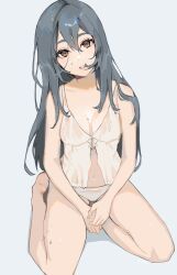 Rule 34 | 1girl, barefoot, breasts, character request, cleavage, copyright request, eyelashes, grey hair, hair between eyes, head tilt, highres, long hair, looking at viewer, medium breasts, milka (milk4ppl), navel, orange eyes, own hands together, panties, parted lips, sitting, solo, underwear, wet, wet clothes