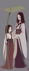 Rule 34 | 2girls, absurdres, age difference, asllence, black hair, child, hakama, hakama skirt, height difference, highres, holding hands, japanese clothes, leaf umbrella, long hair, multiple girls, no bangs, obi, original, oversized object, red hakama, sash, simple background, skirt, very long hair, wide sleeves