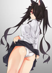 Rule 34 | 1girl, animal ears, ashisi, ass, bad id, bad pixiv id, black hair, black skirt, blush, cat ears, clothes lift, hair over one eye, highres, lifting own clothes, long hair, long sleeves, looking at viewer, looking back, original, panties, pleated skirt, red eyes, shirt, skirt, skirt lift, smile, solo, thighs, twintails, underwear, very long hair, white panties, white shirt