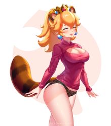 Rule 34 | 1girl, ^ ^, alternate hairstyle, animal ears, artist name, black panties, blonde hair, blush, breasts, cleavage, closed eyes, closed mouth, covered collarbone, crown, earrings, enma (enmanuelart), eyelashes, food print, glint, highres, jewelry, large breasts, lips, long sleeves, mario (series), medium hair, meme attire, mushroom print, nail polish, nintendo, open-chest sweater, open hands, panties, pink lips, pink nails, pink sweater, ponytail, princess peach, print panties, raccoon ears, raccoon tail, ribbed sweater, smile, solo, super leaf, super mario bros. 3, super mushroom, sweater, tail, taut clothes, taut sweater, thick thighs, thighs, turtleneck, underwear, white background