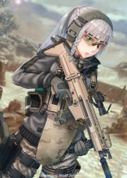 Rule 34 | absurdres, aqua eyes, assault rifle, blurry, blurry background, braid, call of duty, call of duty: modern warfare 2, camouflage, commentary, dancing wolf, english commentary, extended magazine, fn scar, foregrip, french braid, glock, gloves, gun, handgun, headset, highres, holding, holding gun, holding weapon, holster, holstered, laser sight, lens flare, load bearing equipment, long hair, original, outdoors, ponytail, rifle, scope, safety glasses, silver hair, solo, suppressor, thigh holster, trigger discipline, weapon