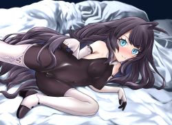 Rule 34 | 1girl, ahoge, aqua eyes, bare shoulders, bed, bed sheet, black gloves, black hair, blush, bodystocking, boots, breasts, commentary request, commission, covered erect nipples, covered navel, elbow gloves, fingerless gloves, foot out of frame, girls&#039; frontline, gloves, high heel boots, high heels, highres, layered gloves, long hair, looking at viewer, lying, medium breasts, mochizuki kazuto, navel, official alternate costume, on bed, on side, skeb commission, smile, solo, stechkin (girls&#039; frontline), stechkin (miss camellia&#039;s special service) (girls&#039; frontline), thigh boots, very long hair, white footwear, white gloves