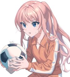 1girl ball blue_eyes blush dolustoy highres holding holding_ball inazuma_eleven_(series) long_hair mikado_anna open_mouth orange_track_suit pink_hair ponytail simple_background soccer_ball solo sportswear sweat upper_body white_background