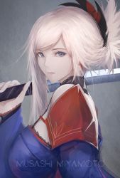 Rule 34 | 1girl, asymmetrical hair, bad id, bad twitter id, bare shoulders, blue eyes, blue kimono, breasts, closed mouth, commentary, detached sleeves, earrings, fate/grand order, fate (series), from side, hair ornament, highres, holding, holding sword, holding weapon, japanese clothes, jewelry, katana, kimono, large breasts, long hair, looking at viewer, marumoru, miyamoto musashi (fate), miyamoto musashi (third ascension) (fate), over shoulder, pink hair, ponytail, short kimono, sideboob, sleeveless, sleeveless kimono, solo, swept bangs, sword, sword over shoulder, unsheathed, weapon, weapon over shoulder, wide sleeves