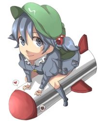 Rule 34 | 1girl, backpack, bad id, bad pixiv id, bag, blue dress, blue eyes, blue footwear, blue hair, blush, boots, cats brain, closed mouth, dress, female focus, flat cap, from above, full body, green hat, hair bobbles, hair ornament, hat, heart, kawashiro nitori, looking at viewer, looking up, mimi-chan, perspective, pocket, rocket, simple background, sitting, smile, solo, touhou, touhou (pc-98), twintails, white background