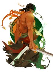 Rule 34 | 1boy, back, bandana, clothes down, cropped legs, dark-skinned male, dark skin, dual wielding, ebiiiebiii, from side, green hair, highres, holding, holding sword, holding weapon, katana, looking ahead, male focus, one piece, pectorals, roronoa zoro, short hair, sidepec, smoke, solo, sword, topless male, two-tone background, weapon