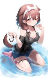 Rule 34 | 1girl, :3, absurdres, animal ears, black shirt, blue shorts, blush, bow, breasts, brown hair, cleavage, closed mouth, clothing cutout, collar, commentary request, denim, denim shorts, dog ears, dog girl, dog tail, extra ears, full body, glint, hair between eyes, hair bow, hairband, highres, holding, holding collar, hololive, inugami korone, inugami korone (loungewear), kabedoru, kneeling, looking at viewer, medium breasts, medium hair, o-ring, o-ring legwear, o-ring thigh strap, official alternate costume, one eye closed, pink footwear, pink socks, pom pom (clothes), ponytail, print shirt, red eyes, seiza, shirt, short shorts, shorts, shoulder cutout, simple background, sitting, smile, socks, solo, tail, thigh strap, virtual youtuber, water, wet, wet hair, white background, white bow