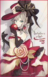 Rule 34 | 1girl, akakura, apple, artist name, bare shoulders, black choker, black gloves, black ribbon, blue eyes, border, choker, collarbone, commentary request, dress, earrings, elbow gloves, english text, flower, food, fruit, gloves, grey background, grey hair, hands up, hat, hat ribbon, heart, heart earrings, highres, holding, holding food, holding fruit, jewelry, looking at viewer, original, parted lips, red border, red dress, red hat, ribbon, shadow, signature, simple background, smile, solo, strapless, strapless dress, two-tone dress, valentine, yellow dress, yellow flower