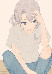 Rule 34 | 10s, 1girl, alternate costume, blue eyes, commentary request, denim, grey shirt, hand on own head, highres, jeans, kantai collection, long hair, masukuza j, nowaki (kancolle), pants, shirt, short sleeves, silver hair, sitting, solo, swept bangs, t-shirt, torn clothes, torn jeans, torn pants, twitter username