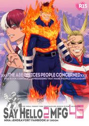 Rule 34 | 3boys, antenna hair, arms at sides, bara, beard, belt, black belt, blonde hair, blue bodysuit, blue eyes, bodysuit, boku no hero academia, bulge, cover, cover page, covered abs, english text, facial hair, feet out of frame, fiery hair, fire, grin, large pectorals, looking at viewer, male focus, mature male, multiple boys, muscular, muscular male, ono (ohno ha), pectorals, red hair, short hair, sideburns, smile, spiked hair, thick thighs, thighs, endeavor (boku no hero academia), todoroki shouto, v