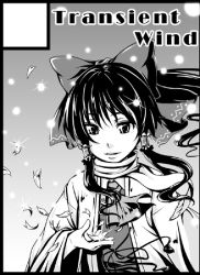 Rule 34 | 1girl, coat, female focus, glint, greyscale, hair tubes, hakurei reimu, long sleeves, looking at viewer, monochrome, open clothes, open coat, parted lips, petals, satori, satori (transient wind), scarf, sidelocks, solo, touhou, upper body, wide sleeves, winter clothes, winter coat