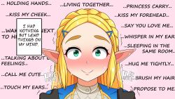 Rule 34 | 1girl, absurdres, blonde hair, blush, braid, commentary, elf, english text, forehead, green eyes, hair ornament, hairclip, hands on shoulders, heavy breathing, highres, holding hands is lewd, link, long hair, looking at viewer, nintendo, nose blush, pointy ears, pov, princess zelda, sidelocks, smile, solo, sweatdrop, text focus, the legend of zelda, the legend of zelda: breath of the wild, the legend of zelda: tears of the kingdom, the only shoe, thick eyebrows