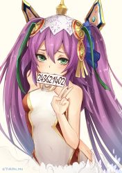 Rule 34 | 1girl, bare shoulders, blush, covered navel, green eyes, hair between eyes, hair ornament, highres, lakshmi (p&amp;d), long hair, looking at viewer, mouth hold, purple hair, puzzle &amp; dragons, sketch, smile, solo, twintails, twitter username, v, very long hair, yukihama