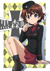 Rule 34 | 1girl, akaboshi koume, ankle boots, argyle, argyle background, argyle clothes, black footwear, black hat, black jacket, black socks, blue eyes, boots, border, brown hair, closed mouth, commentary, cross-laced footwear, dress shirt, emblem, finger to mouth, floating, garrison cap, girls und panzer, hair between eyes, hanzou, hat, insignia, jacket, knees up, kuromorimine (emblem), kuromorimine military uniform, long sleeves, looking at viewer, military, military hat, military uniform, miniskirt, outside border, pleated skirt, red shirt, red skirt, shirt, short hair, silhouette, sitting, skirt, smile, socks, solo, thighs, uniform, wavy hair, white border, wing collar, yellow background